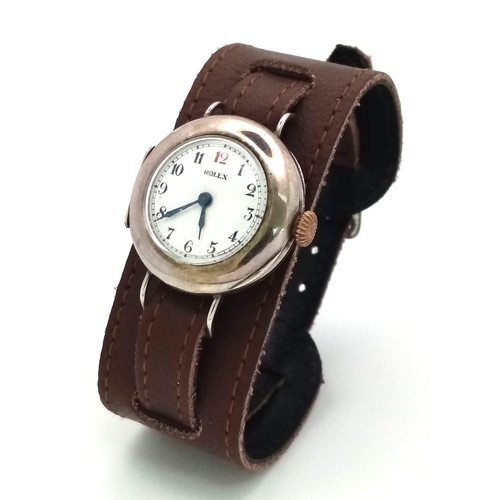 51 - An Ultra Rare 1912 Silver Rolex Ladies Watch. Brown Double leather strap. 925 silver case -29mm with... 