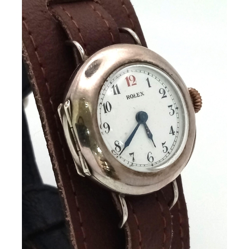 51 - An Ultra Rare 1912 Silver Rolex Ladies Watch. Brown Double leather strap. 925 silver case -29mm with... 