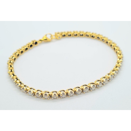 150 - 4ct diamond tennis bracelet set in 18k yellow gold, weight 11.9g and 19cm long approx