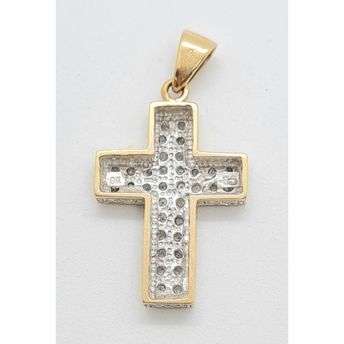 204 - 0.34ct diamond set cross pendant, set in 9k yellow gold, weight 2.6g and cross 22x16mm approx.
ref 1... 