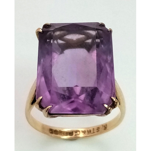 225 - A large vintage 9k yellow gold Amethyst dress ring, stone 14x18mm approx, total weight 6.3g and size... 