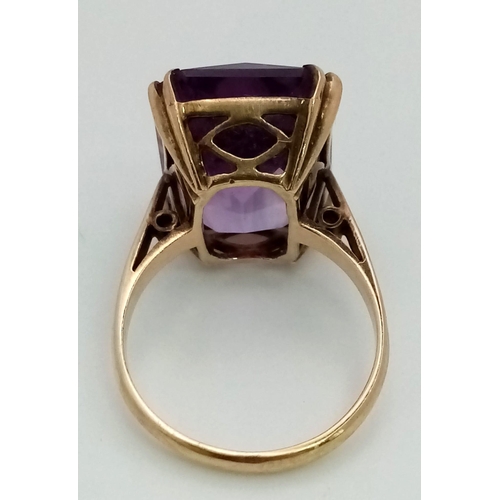 225 - A large vintage 9k yellow gold Amethyst dress ring, stone 14x18mm approx, total weight 6.3g and size... 