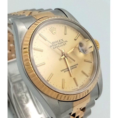 73 - A Rolex Bi-Metal Oyster Perpetual Datejust Gents Watch. Bi-metal strap and case - 36mm. Gold tone di... 