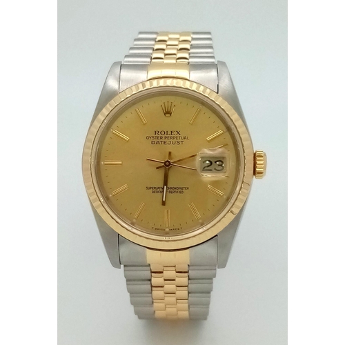 73 - A Rolex Bi-Metal Oyster Perpetual Datejust Gents Watch. Bi-metal strap and case - 36mm. Gold tone di... 