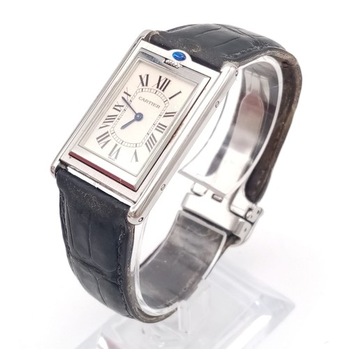 80 - A Vintage Cartier Basculante Mechanical Tank Watch. Black leather strap with Cartier clasp. Stainles... 