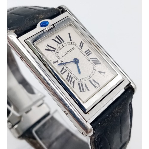 80 - A Vintage Cartier Basculante Mechanical Tank Watch. Black leather strap with Cartier clasp. Stainles... 