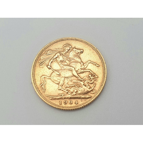 501 - A 1904 Edward VII 22k Gold Full Sovereign Coin. VF but please see photos.