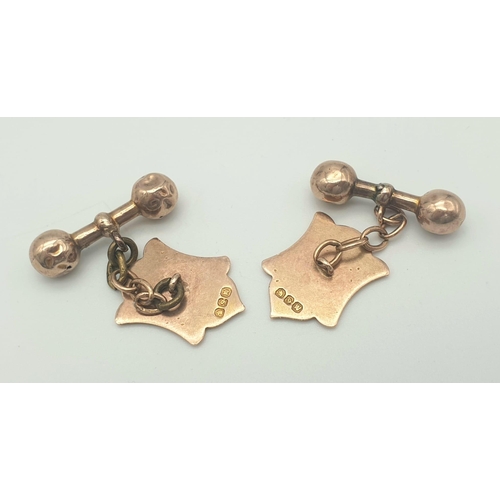 518 - An Antique Pair of 9K Rose Gold Fob and T bar Cufflinks. 7.66g total weight.