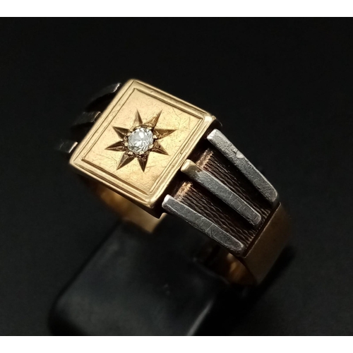 76 - A Vintage 9K Yellow Gold, Platinum and Diamond Ring. Solitary diamond in a star setting. Size V. 4.4... 