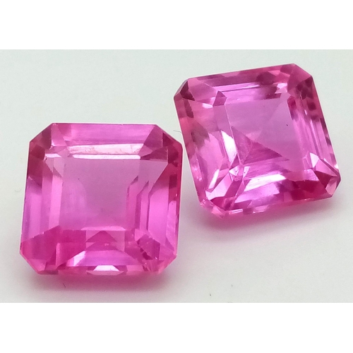 182 - A desirable, pair of vivid pink rubies (8.22 and 8.30 carats). Customised square emerald cut, lab cr... 