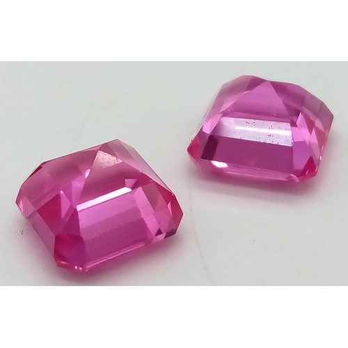 182 - A desirable, pair of vivid pink rubies (8.22 and 8.30 carats). Customised square emerald cut, lab cr... 