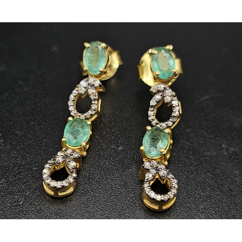 412 - A Pair of Natural Emerald Gemstone Drop Earrings set in 925 Silver with Diamond Accents of 0.60ct. C... 