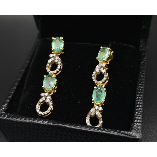 412 - A Pair of Natural Emerald Gemstone Drop Earrings set in 925 Silver with Diamond Accents of 0.60ct. C... 