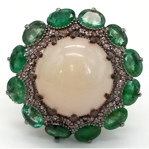 419 - A 9.50ct Opal Ring with a 0.6ct Diamond Surround and 5.50ct of Emerald Petals. Set in 925 Silver. Si... 