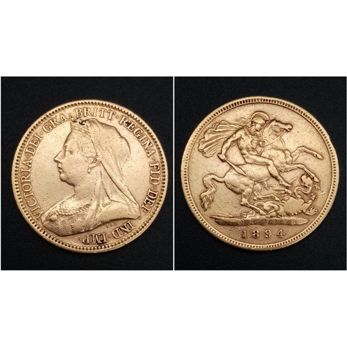 55 - An 1894 Queen Victoria 22K Gold Half Sovereign Coin. VF but please see photos.