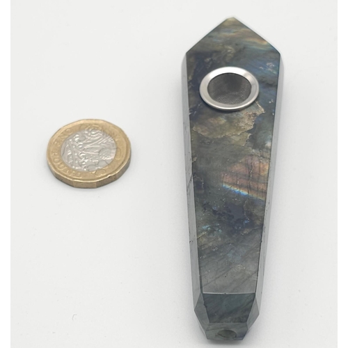 224 - A fancy shaped, labradorite (variety blue flash) smoking pipe. In clean/unused condition with no bre... 