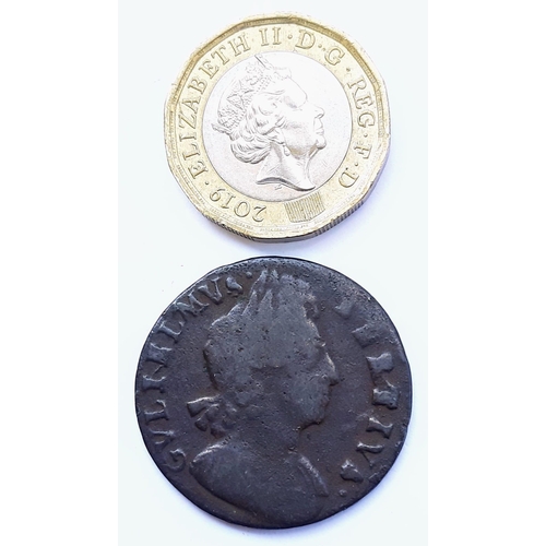 129 - A 1701 William III Half Pence Coin - Unbarred A's in the Word Britannia.