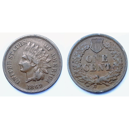 37 - A Rare 1869 USA One Cent Indian Head Coin. Please see photos for conditions.