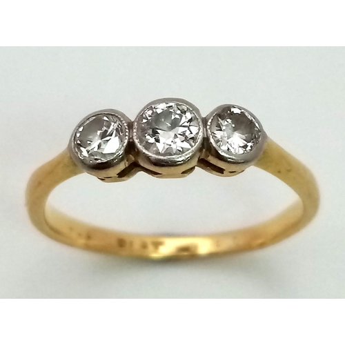 408 - A Vintage 18K Gold, Platinum and Old Cut Diamond Trilogy Ring. Size J. 1.78g total weight.