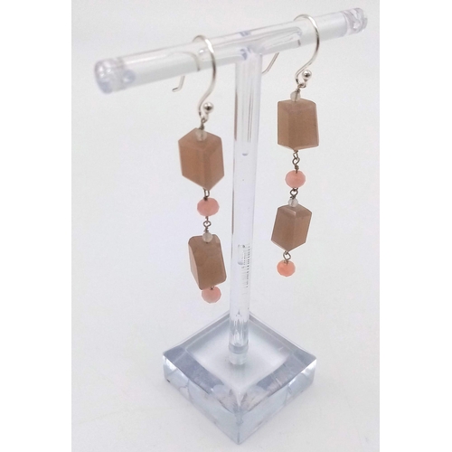 486 - Three Pairs of Gemstone Drop Earrings. Amethyst, Moonstone and Agate.