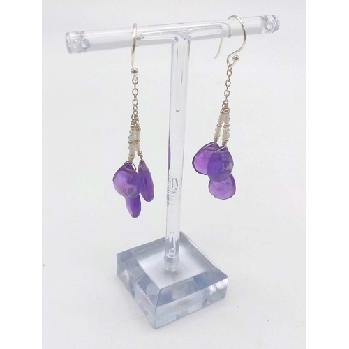 486 - Three Pairs of Gemstone Drop Earrings. Amethyst, Moonstone and Agate.