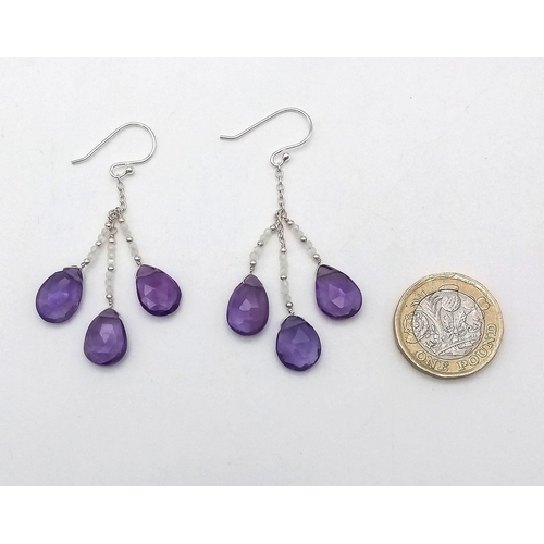 486 - Three Pairs of Gemstone Drop Earrings. Amethyst, Moonstone and Agate.