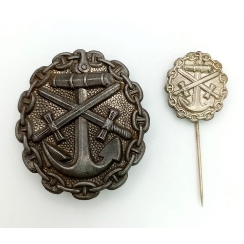 328 - WW1 Imperial German Navy (Kaiserliche Marine) wound badge and lapel pin. A silver grade example depi... 