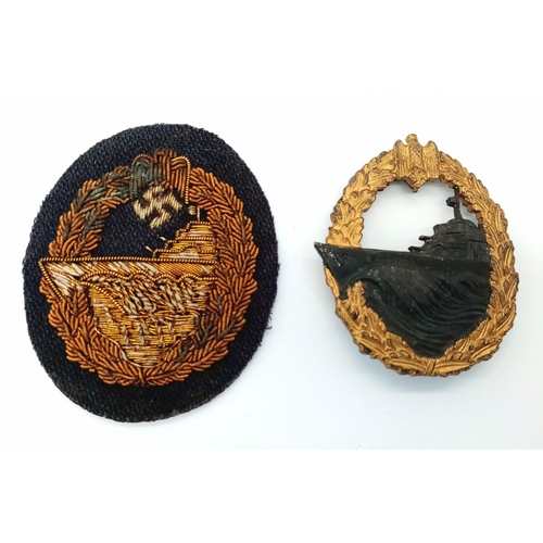 109 - WW2 German Kriegsmarine Destroyer Badge with cloth wire variant.