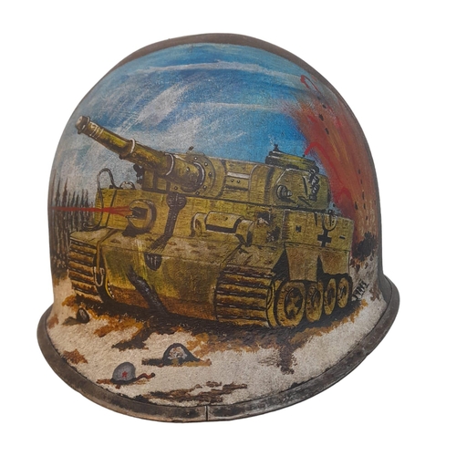 300 - WW2 US Fixed Bale Helmet that was found in the Ardennes near St Vith. It has been hand painted as a ... 