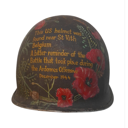 300 - WW2 US Fixed Bale Helmet that was found in the Ardennes near St Vith. It has been hand painted as a ... 