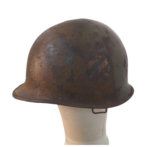 335 - WW2 US Army 3rd Infantry Division Helmet. A swivel bale example retaining a flash of the blue and wh... 