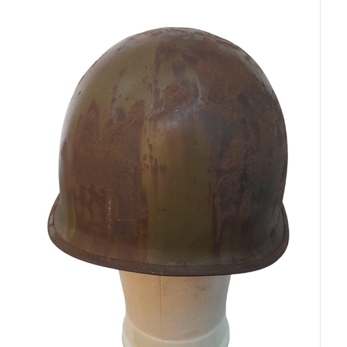 335 - WW2 US Army 3rd Infantry Division Helmet. A swivel bale example retaining a flash of the blue and wh... 