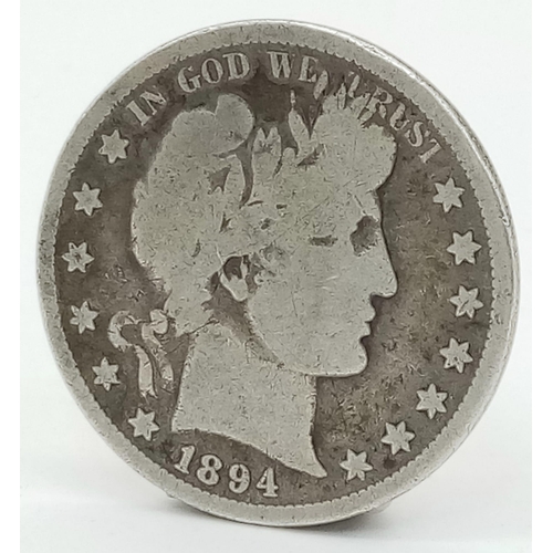 An 1894 US Silver Half Dollar Coin. Philadelphia Mint. Weight