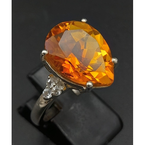 512 - An Unworn Limited Edition (1 of 199) Sterling Silver Orange Pear Shape Quartz & White Topaz Ring, Si... 