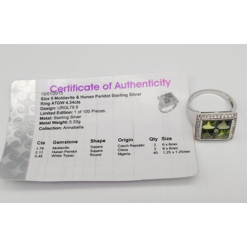 710 - An Unworn Limited Edition (1 of 100) Sterling Silver Moldavite, Peridot & White Topaz Set Ring, Size... 