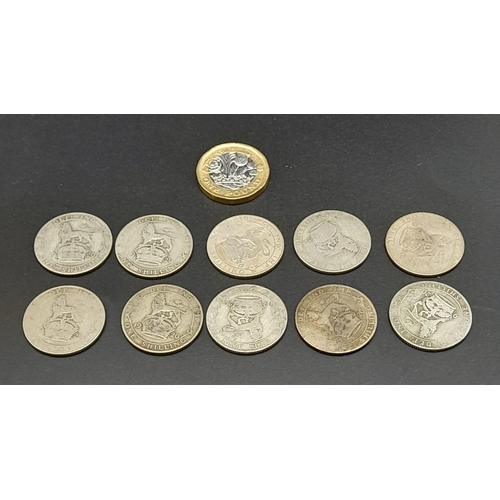 491 - A Parcel of 10 1920 Silver Shillings Various Grades Mostly Good to Fine Condition. 54.23 Grams.