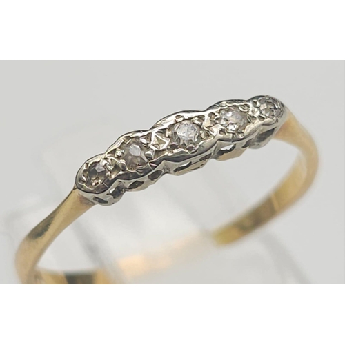 312 - 18k yellow gold 5 stone vintage style diamond ring, 1.7g, size P (dia:0.08ct)