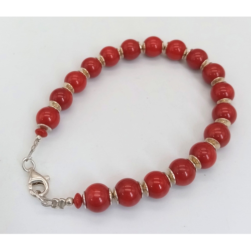 443 - A 925 Silver And Red Stone Bracelet. Total Weight 18.36g. Comes complete with Box. 18cm in length.