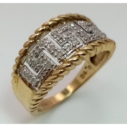 124 - A 9K YELLOW GOLD DIAMOND FANCY BAND RING 3.8G. RING SIZE O