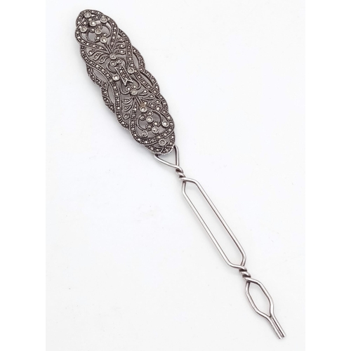 409 - A Vintage Silver and Marcasite Hair-Slide Clip. 8cm.