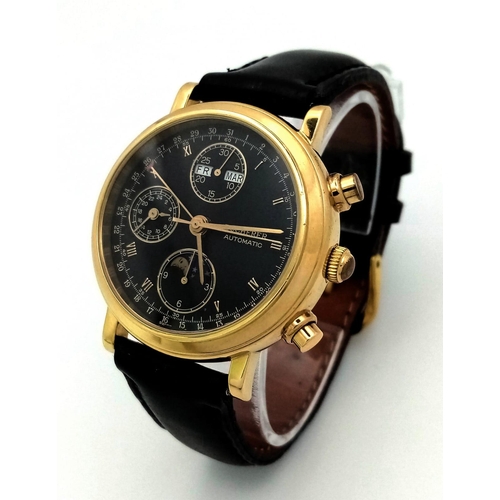 414 - A BUCHERER 18K GOLD CHRONOGRAPH WITH MOONPHASE AND 3 SUBDIALS , AUTOMATIC MOVEMENT ON BLACK LEATHER ... 