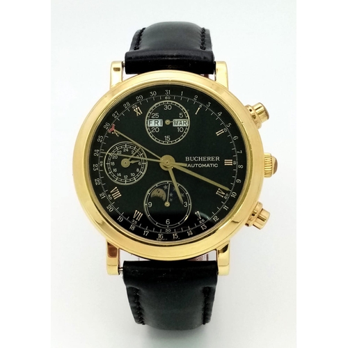 414 - A BUCHERER 18K GOLD CHRONOGRAPH WITH MOONPHASE AND 3 SUBDIALS , AUTOMATIC MOVEMENT ON BLACK LEATHER ... 