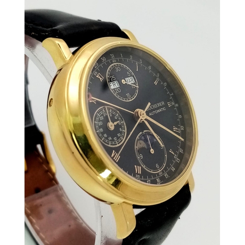 414 - A BUCHERER 18K GOLD CHRONOGRAPH WITH MOONPHASE AND 3 SUBDIALS , AUTOMATIC MOVEMENT ON BLACK LEATHER ... 