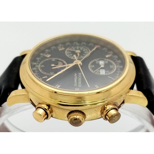 414 - A BUCHERER 18K GOLD CHRONOGRAPH WITH MOONPHASE AND 3 SUBDIALS , AUTOMATIC MOVEMENT ON BLACK LEATHER ... 