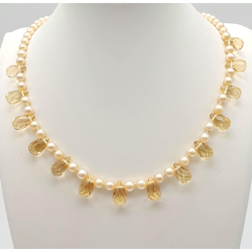 430 - A Pearl and Citrine Pear-Shape Bead Necklace with a 9K Gold Clasp. Pearls -5/6mm. Necklace length -4... 