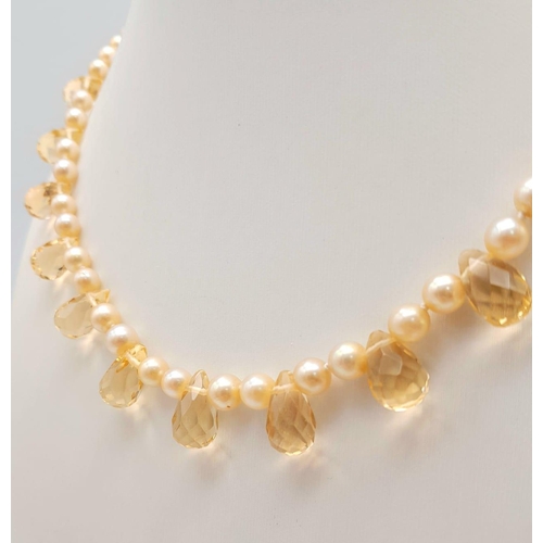 430 - A Pearl and Citrine Pear-Shape Bead Necklace with a 9K Gold Clasp. Pearls -5/6mm. Necklace length -4... 