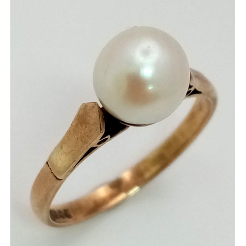 515 - 9k yellow gold single 6mm white pearl ring, 2.3g, size M1/2