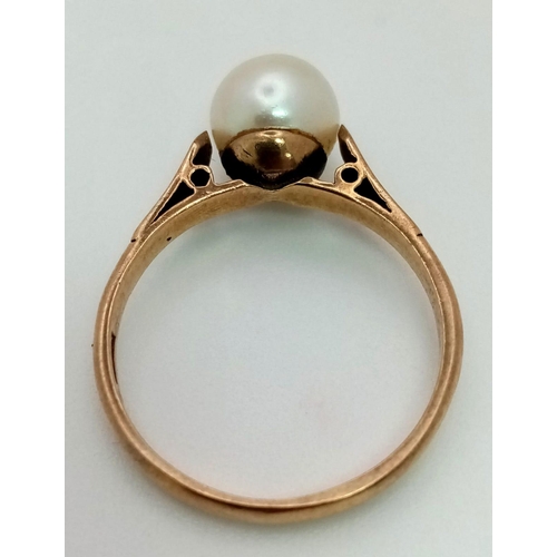 515 - 9k yellow gold single 6mm white pearl ring, 2.3g, size M1/2