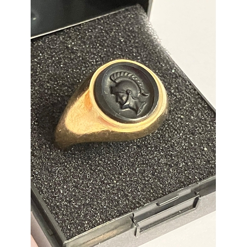 188 - 9 carat Yellow GOLD CENTURION SIGNET RING. Having full UK hallmark and complete with ring box. 7.44 ... 