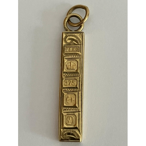 350 - Vintage 9 carat GOLD INGOT PENDANT. Full hallmark. Slim shape. 3.2 cm drop. 3.3 grams.